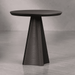 Modern black side table with a textured base on a gray floor.