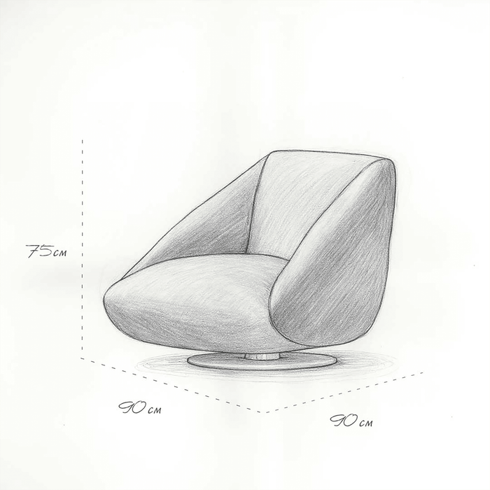 Pencil sketch of a modern chair with dimensions on a white background