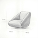 Pencil sketch of a modern chair with dimensions on a white background