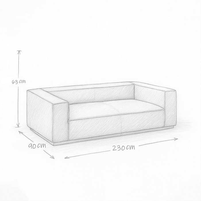 Line drawing of a sofa with dimensions labeled