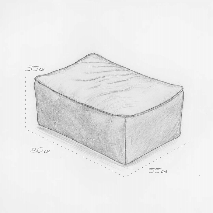 Pencil sketch of a rectangular ottoman with dimensions on a white background
