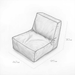 Pencil sketch of a modern chair with dimensions on a white background