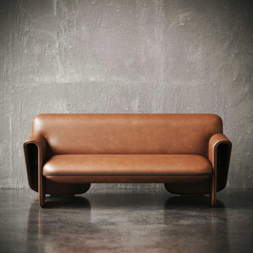 Brown leather sofa against a textured gray wall.