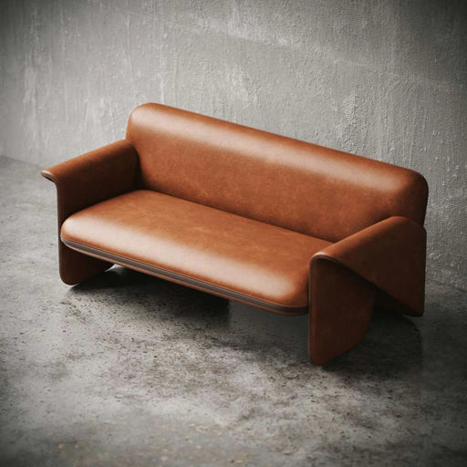 Brown leather sofa against a gray concrete wall