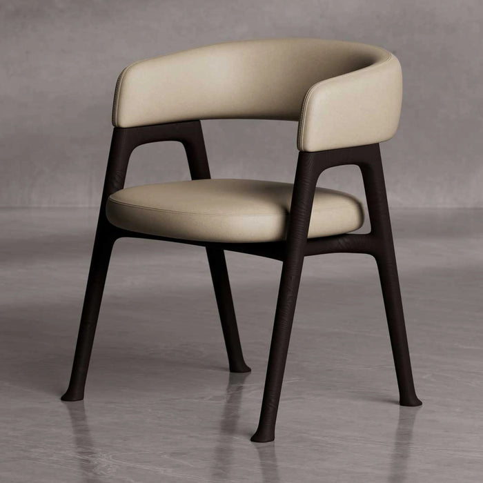 Modern chair with beige cushioned seat and backrest on a gray background