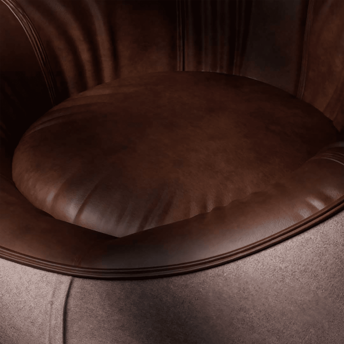 Close-up of a brown leather armchair with a cushion.