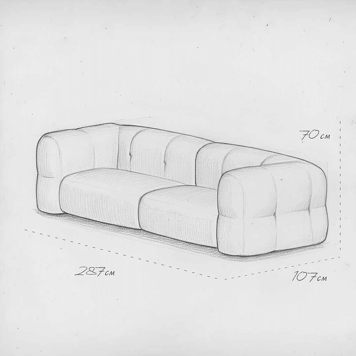 Pencil sketch of a modern sofa with dimensions on a white background
