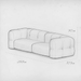 Pencil sketch of a modern sofa with dimensions on a white background