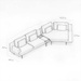 Technical drawing of a sectional sofa with dimensions