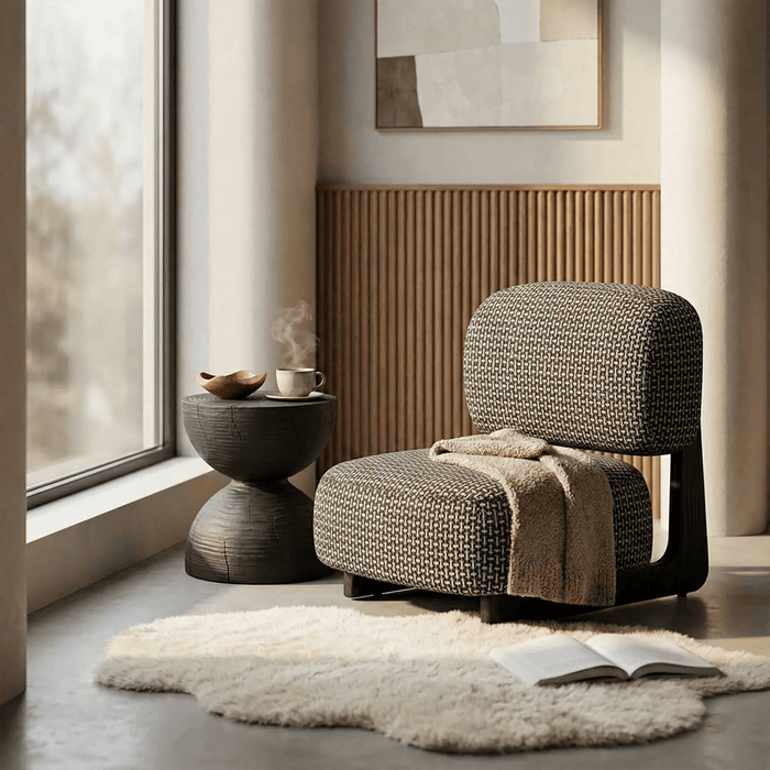 Modern armchair in a stylish living room with a side table and abstract art on the wall.