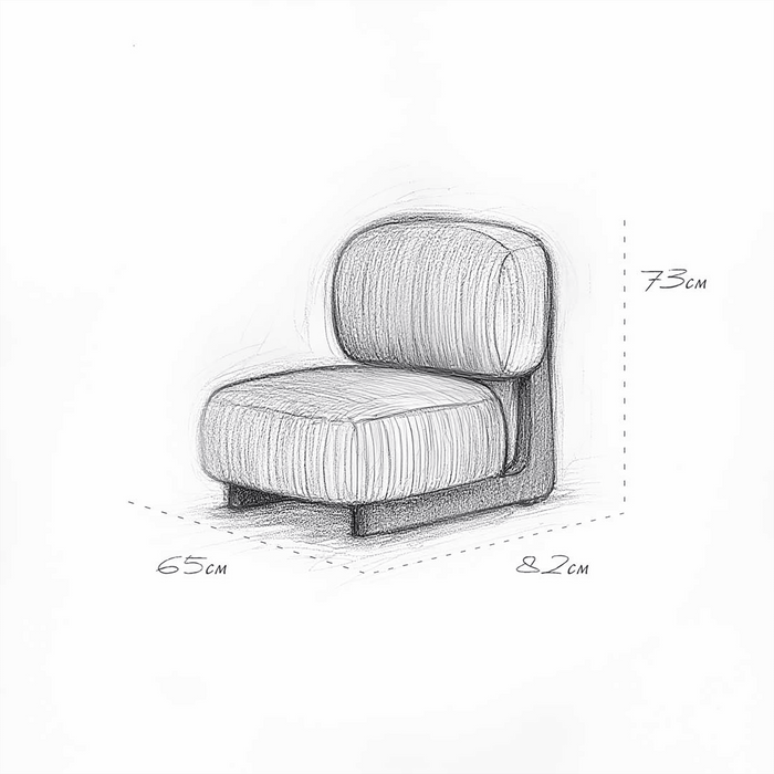 Pencil sketch of a modern chair with dimensions on a white background