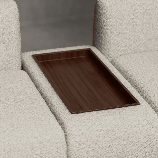 Wooden tray on a textured beige surface