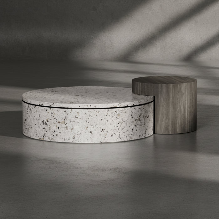 Two round tables, one with a terrazzo pattern and the other with a wooden finish, on a transparent background.
