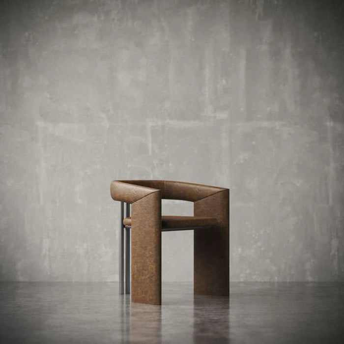 Brown leather stool against a gray concrete wall