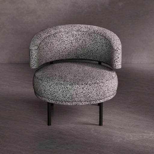 Modern chair with textured gray upholstery on a dark background