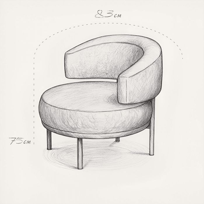 Pencil sketch of a modern armchair with dimensions on a white background