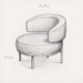 Pencil sketch of a modern armchair with dimensions on a white background