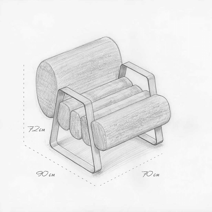 Pencil sketch of a modern armchair with dimensions on a white background