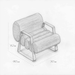 Pencil sketch of a modern armchair with dimensions on a white background
