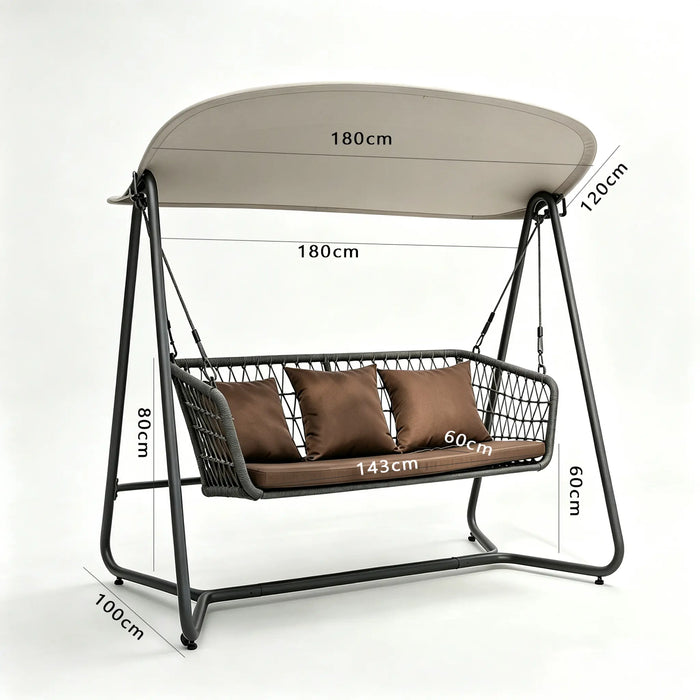 Outdoor Patio Swing Chair with Canopy, Woven Rope Seat and Steel Frame, Comfortable 2-3 Seater