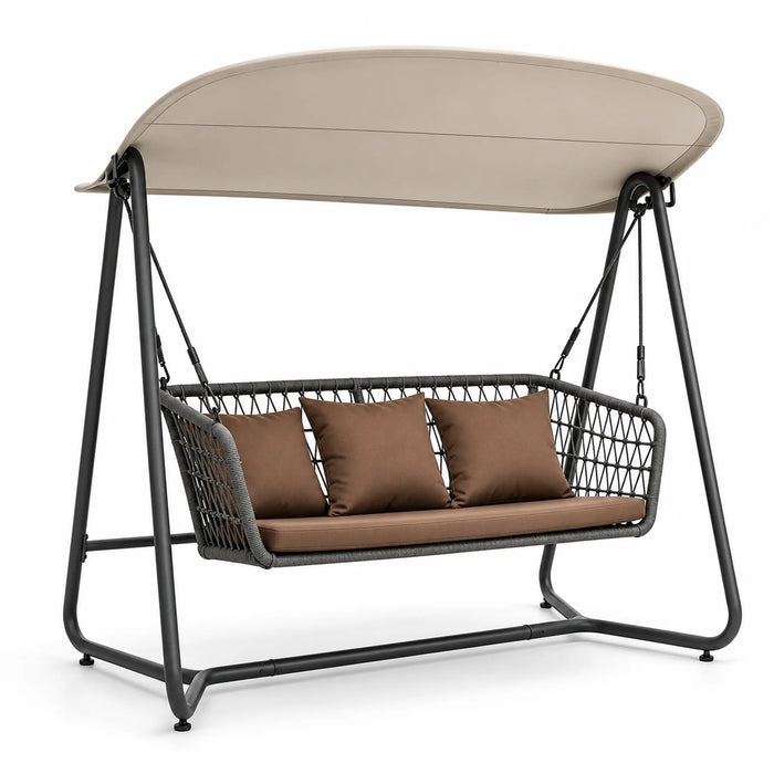 Outdoor Patio Swing Chair with Canopy, Woven Rope Seat and Steel Frame, Comfortable 2-3 Seater