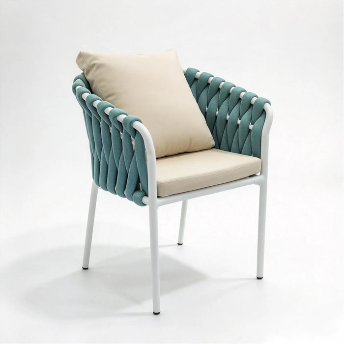 Outdoor Dining Armchair with Woven Fabric Band Back, White Aluminum Frame and Seat Cushions