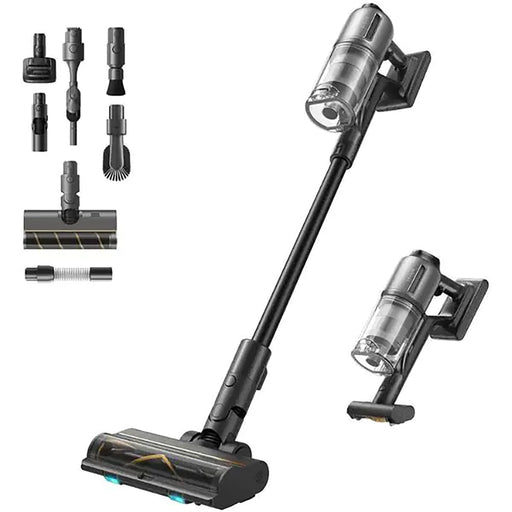 Stylized vacuum cleaner with attachments on a white background