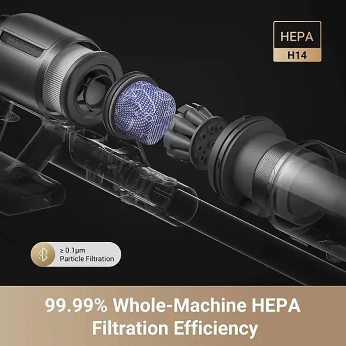 HEPA filter with blue mesh and text highlighting HEPA H14 efficiency on a black background
