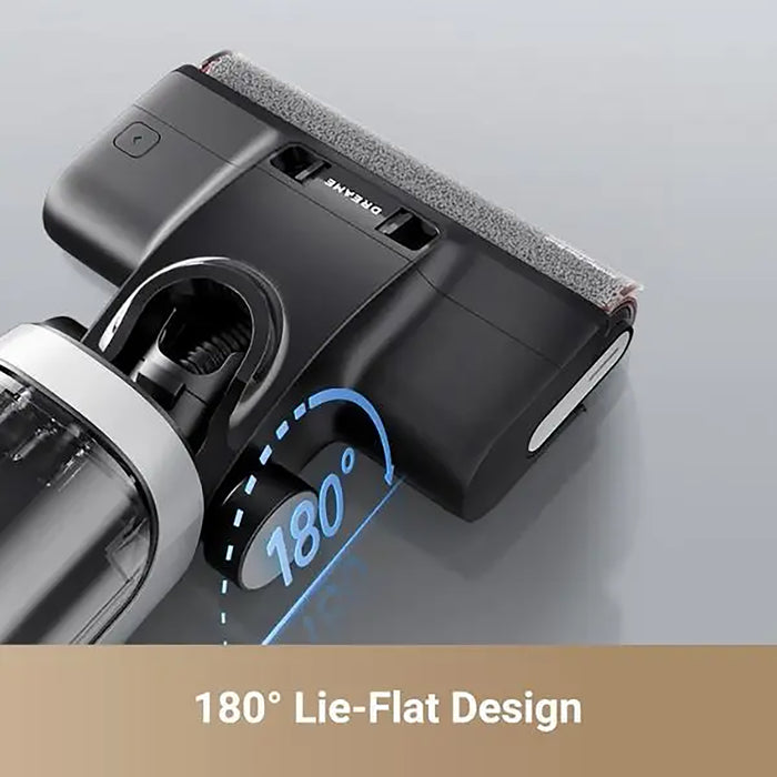 Black and gray vacuum attachment with 180-degree lie-flat design on a light gray background