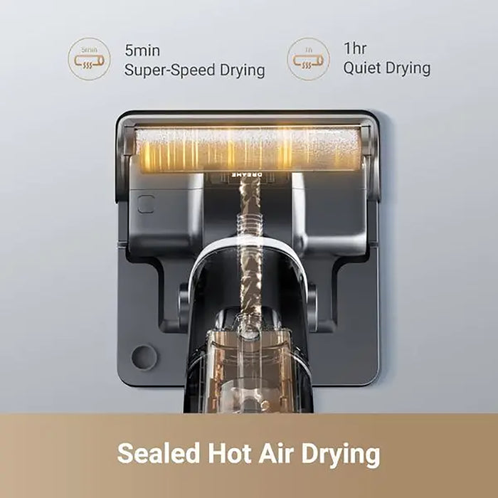 Hot air dryer with text indicating 5min super-speed drying and 1hr quiet drying on a gray background.