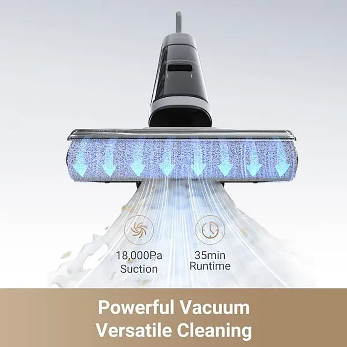Vacuum cleaner head with cleaning power illustration and text on a light gray background