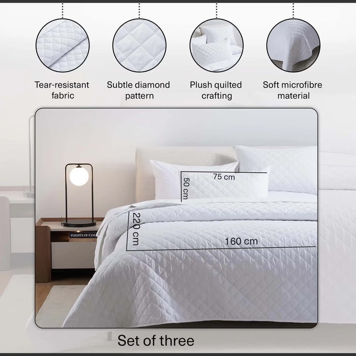 Essential 3-Piece Diamond Quilted Bedspread Set 160X220Cm - White