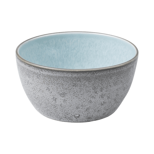 Ceramic bowl with blue interior and gray exterior on a transparent background