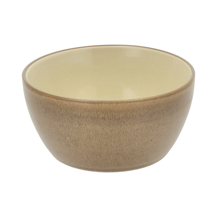Ceramic bowl with a beige interior and brown exterior on a transparent background