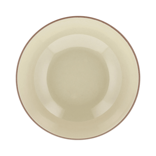 Beige ceramic plate with a red rim on a transparent background