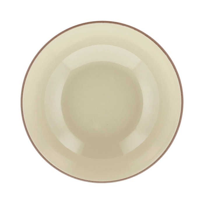 Beige ceramic plate with a red rim on a transparent background