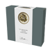 Tea packaging with a circular image of tea leaves and text on a white background