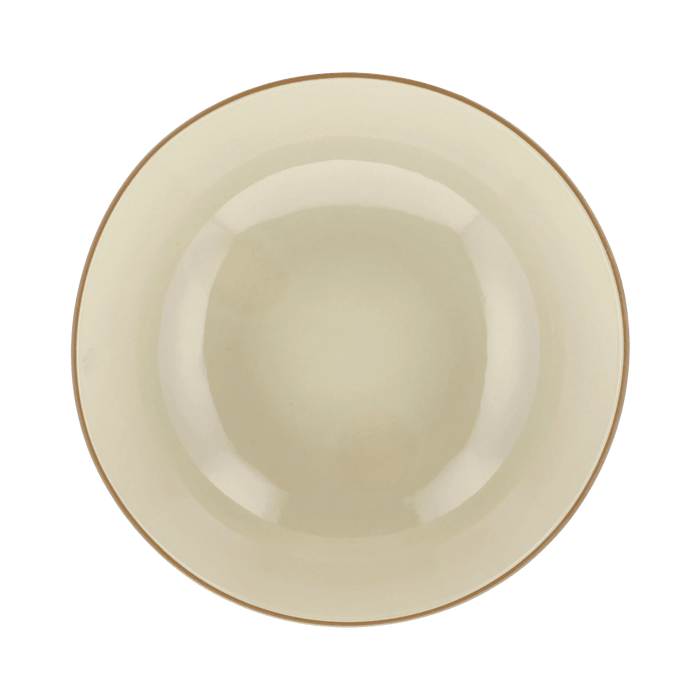 Beige ceramic plate with a brown rim on a transparent background