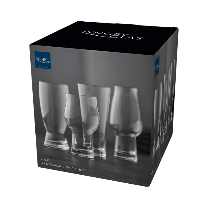 Box of Lyngby Glas beer glasses on a white background