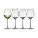 Four wine glasses with white wine on a white background