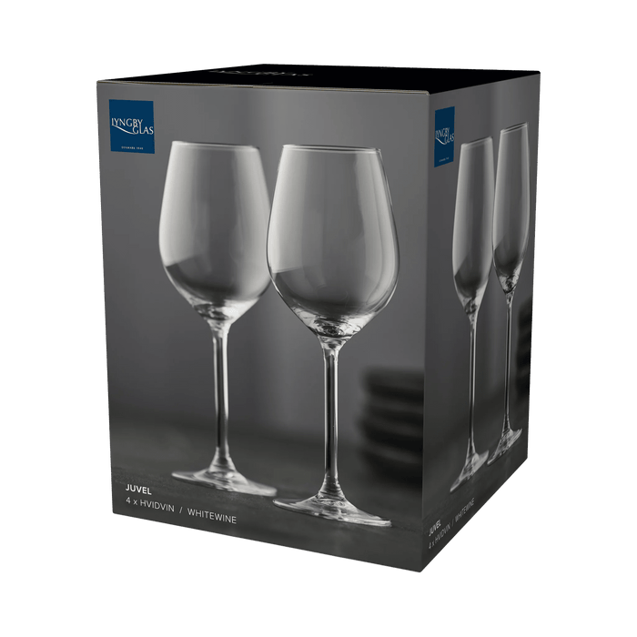 Packaging of two clear wine glasses with a brand logo on a white background