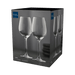 Packaging of two clear wine glasses with a brand logo on a white background