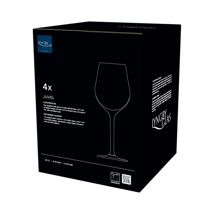 Box of Lyngby Glas wine glasses with a glass illustration and text on a white background