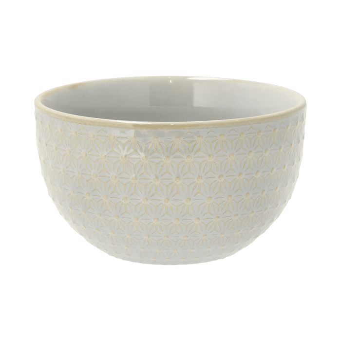 Gray ceramic bowl with gold geometric pattern on a white background