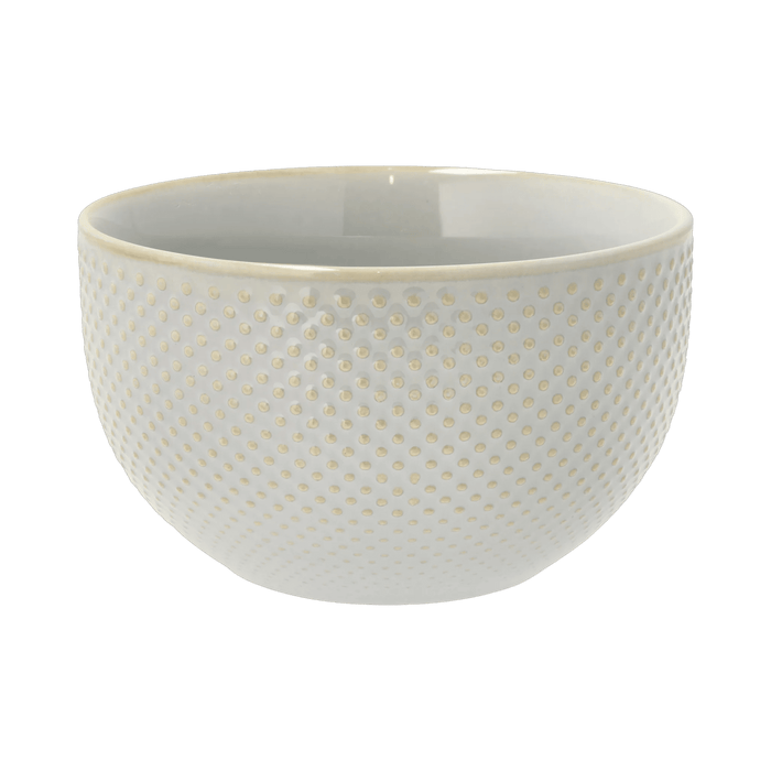 White ceramic bowl with gold polka dot pattern on a transparent background