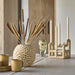 Decorative items including a vase with dried plants, candles, and a glass vase on a wooden surface.
