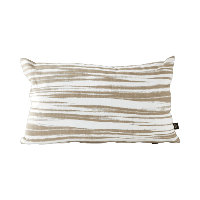 Rectangular pillow with beige and white striped pattern on a green background