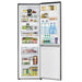 Open refrigerator with food items inside on a white background
