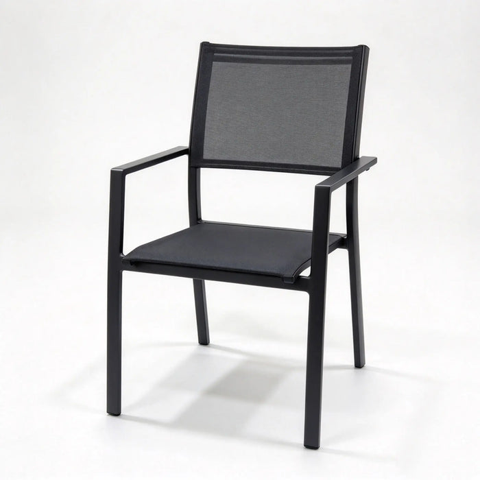 Stackable Aluminum Patio Armchair with Textilene Seat and Wood-Look Armrests