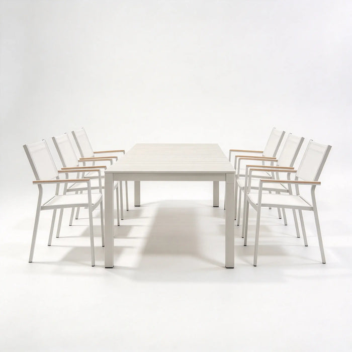 Aluminum Patio Dining Set, Taupe Slatted Table with 6 Stackable Textilene Armchairs and Wood-Look Armrests